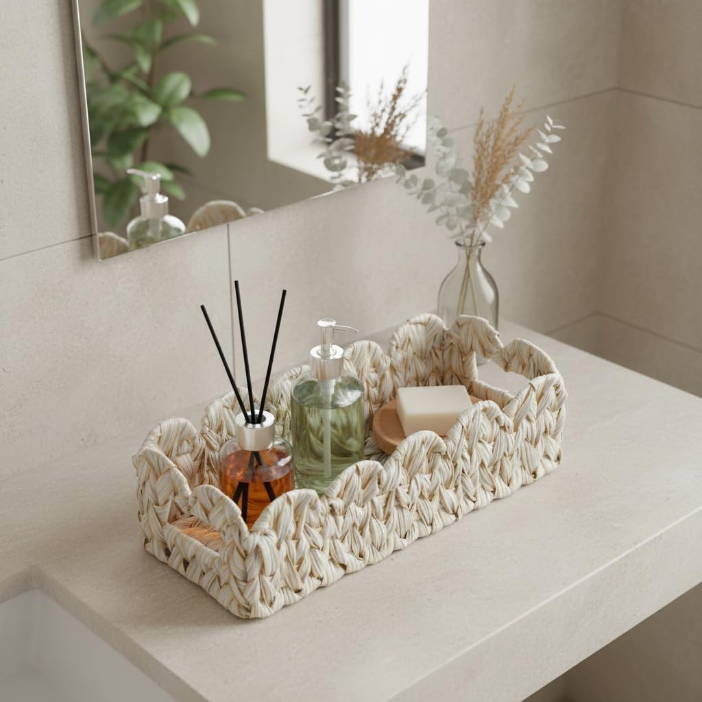 Toilet Basket,Set of 2 Scalloped Baskets for Paper Storage,Back of Toilet Tank Basket for Shelves,Countertop,Tank Topper,White,Rectangle