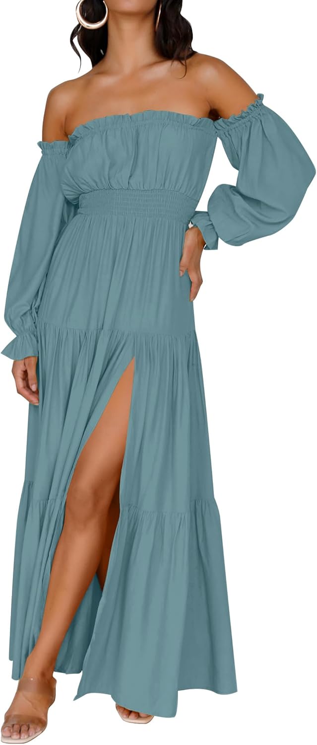 ZESICA Women's 2025 Boho Sexy Off Shoulder Long Sleeve Smocked High Waist Side Split Flowy A Line Tiered Long Maxi Dress