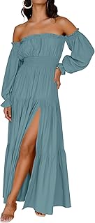 Women's 2025 Boho Sexy Off Shoulder Long Sleeve Smocked High Waist Side Split Flowy A Line Tiered Long Maxi Dress - Buy now