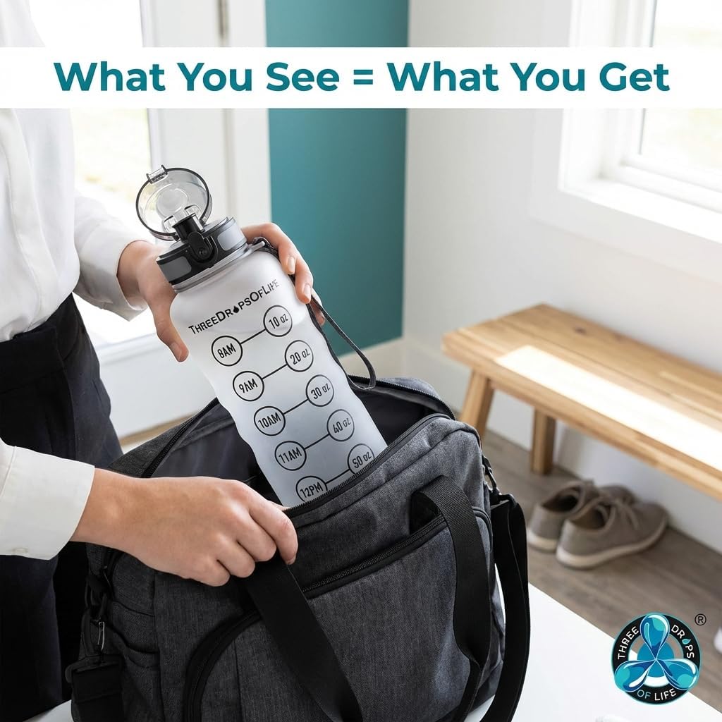 Three Drops of Life 50oz Hydration Tracker Sport Water Bottle – Frosted Clear Tritan With Time Marker, Leak-Resistant, Easy Flow Spout, Comfortable Strap For Daily Hydration - Image 5