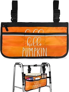 Thanksgiving,Wheelchair Side Bag, Wheelchair Walker Armrest Bags with Cup Holder & Reflective Stripes, Mobility Scooter Walker Rollator Wheelchair Accessories Burnt Orange Pumpkin Festival