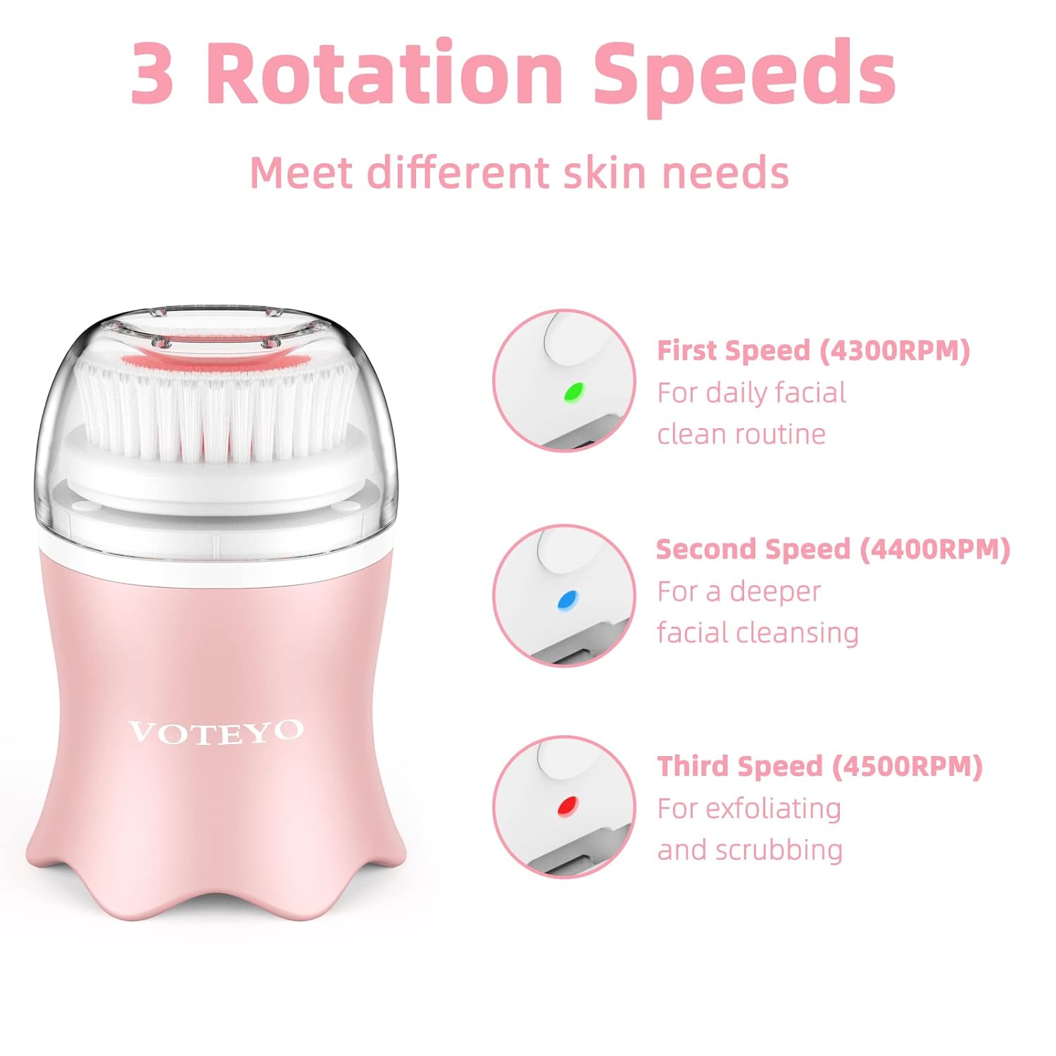Facial Cleansing Brush - Face Cleansing Brush with 3 Replacement Brush Heads & 3 Modes, Waterproof, Type C Charging, Rotating Face Brush for Deep Cleansing, Pink : Beauty & Personal Care