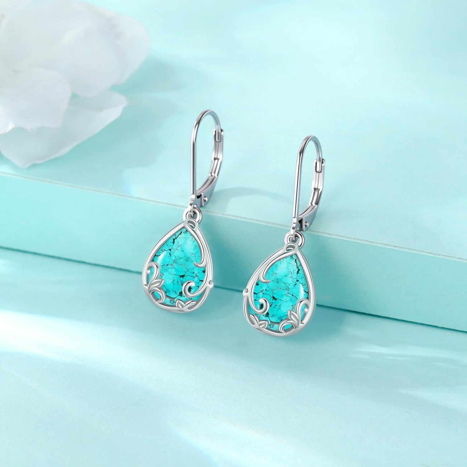 Eusense Sterling Silver Earrings for Women Moonstone/Turquoise/Abalone Shell/Tree of Life/Animals Dangle Leverback Earrings Jewelry - Image 4