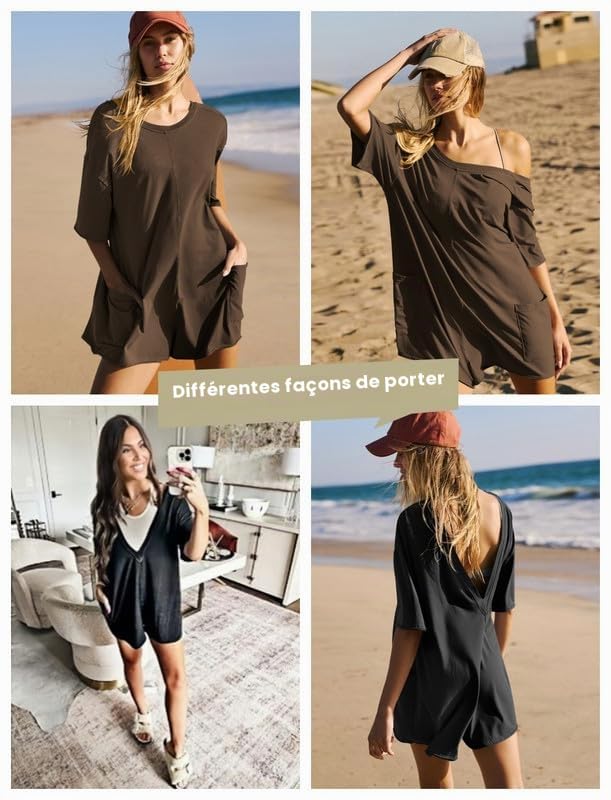 Combinaison Femme Été Manches Courtes Combishort Col en V Dos Nu Jumpsuit Casual Loose Salopette Short Chic et Élégant Grande Taille Une Pièce Shorts Avec Poches Décontracté Plage Rompers