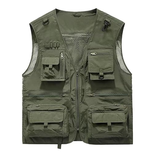 DCEHGEW Men Spring Autumn Travel Hiking Fishing Photographer Athletic Vest with Pockets Mesh Cargo Sleeveless Jacket-Army Green-L