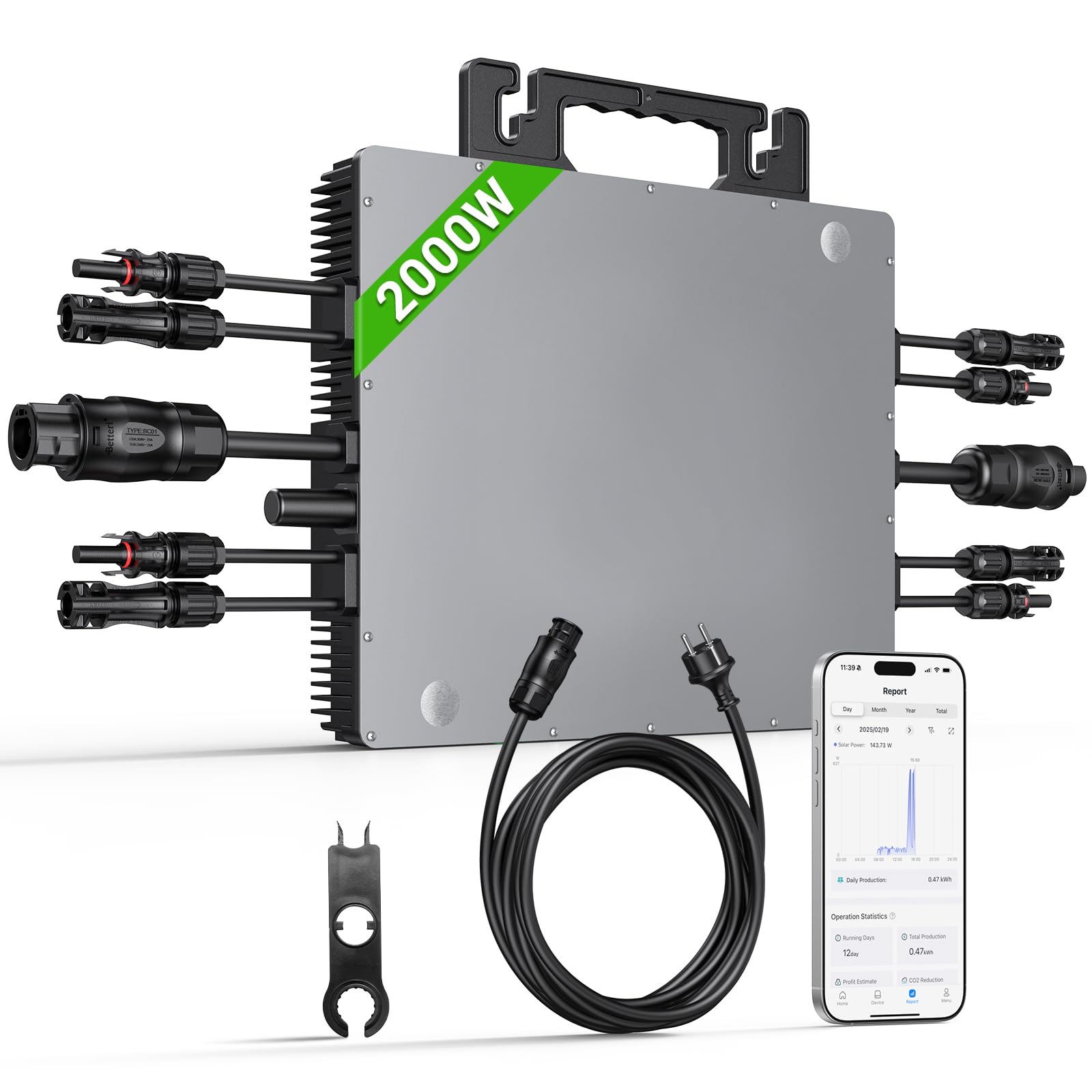 Wechselrichter 2000W mit WLAN & App, 4X MPPT 99.5% Tracking 800W-2000W Solar Wechselrichter mit IP67 Wasserdichter Mikrowechselrichter für Balkonkraftwerk, Inverter mit 5m AC-Kabel(0% MwSt)