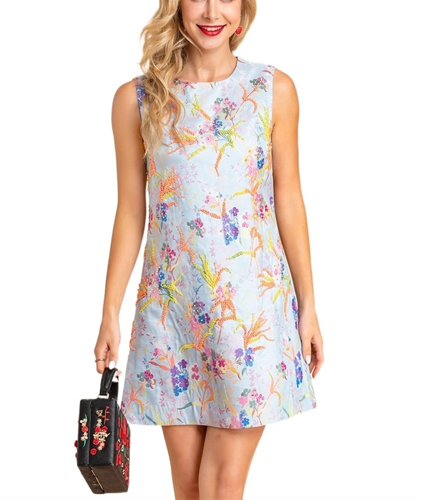 Gentle Fashion Runway Summer Short Jacquard Dress Women Sleeveless Luxury  Floral Print Elegant Vacation Party Mini Dress (Color : Blue, Size : S) :  Amazon.co.uk: Fashion