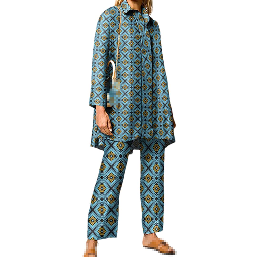 Lady Office Sets Print Vintage Oversized Shirts Loose High Waist Wide Leg Pants Suits Outfits