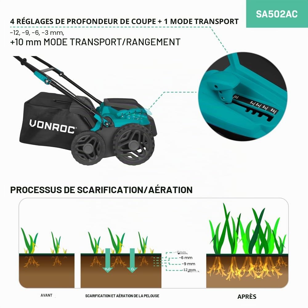 VONROC Scarificateur - Aérateur - 1500W - largeur de coupe 36 cm - 5 réglages : 4 réglages de profondeur de coupe (12/9/6/3 mm) + 1 mode transport (+10mm) - bac de ramassage 45L inclus