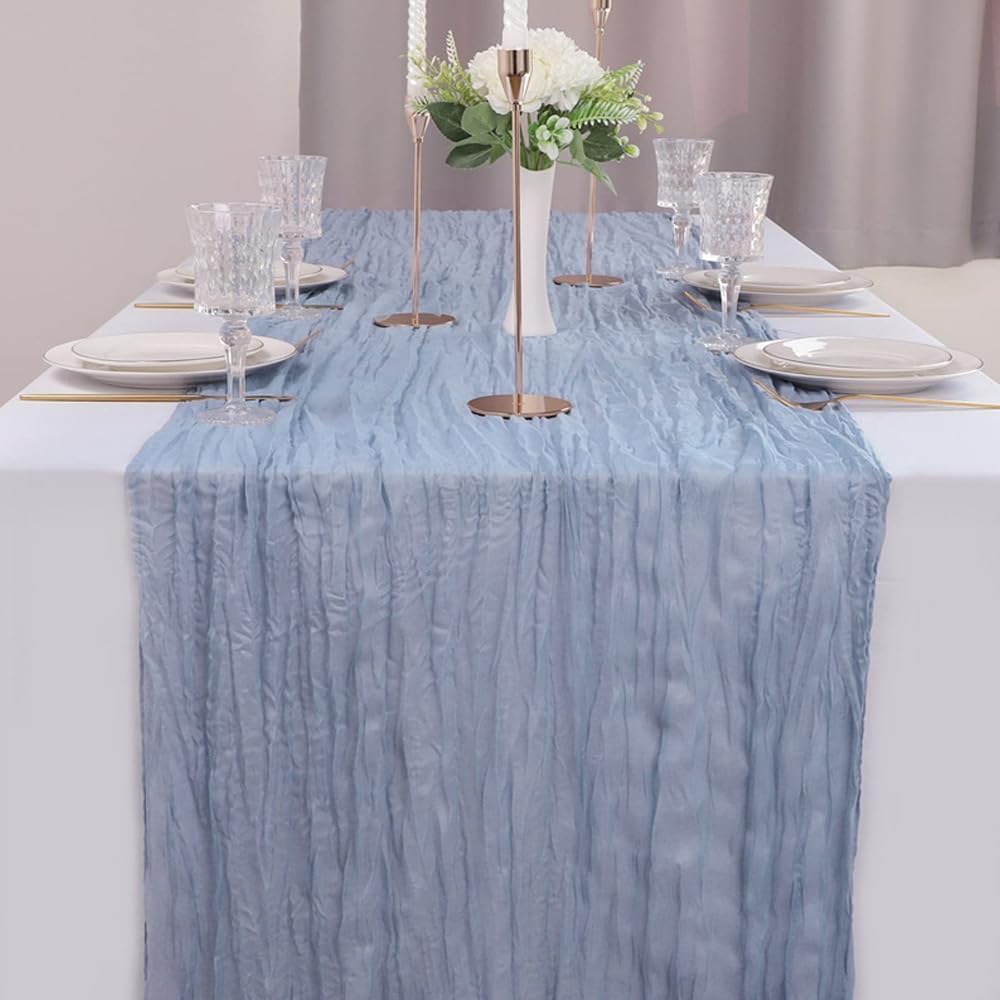 12 Pack Dusty Blue Cheesecloth Table Runner 35x120 Inch 10Ft Boho Gauze Fabric Table Runner Rustic Sheer Runner for Wedding Birthday Baby Shower Party Boho Table Decoration(Dusty Blue, 12 Pack)