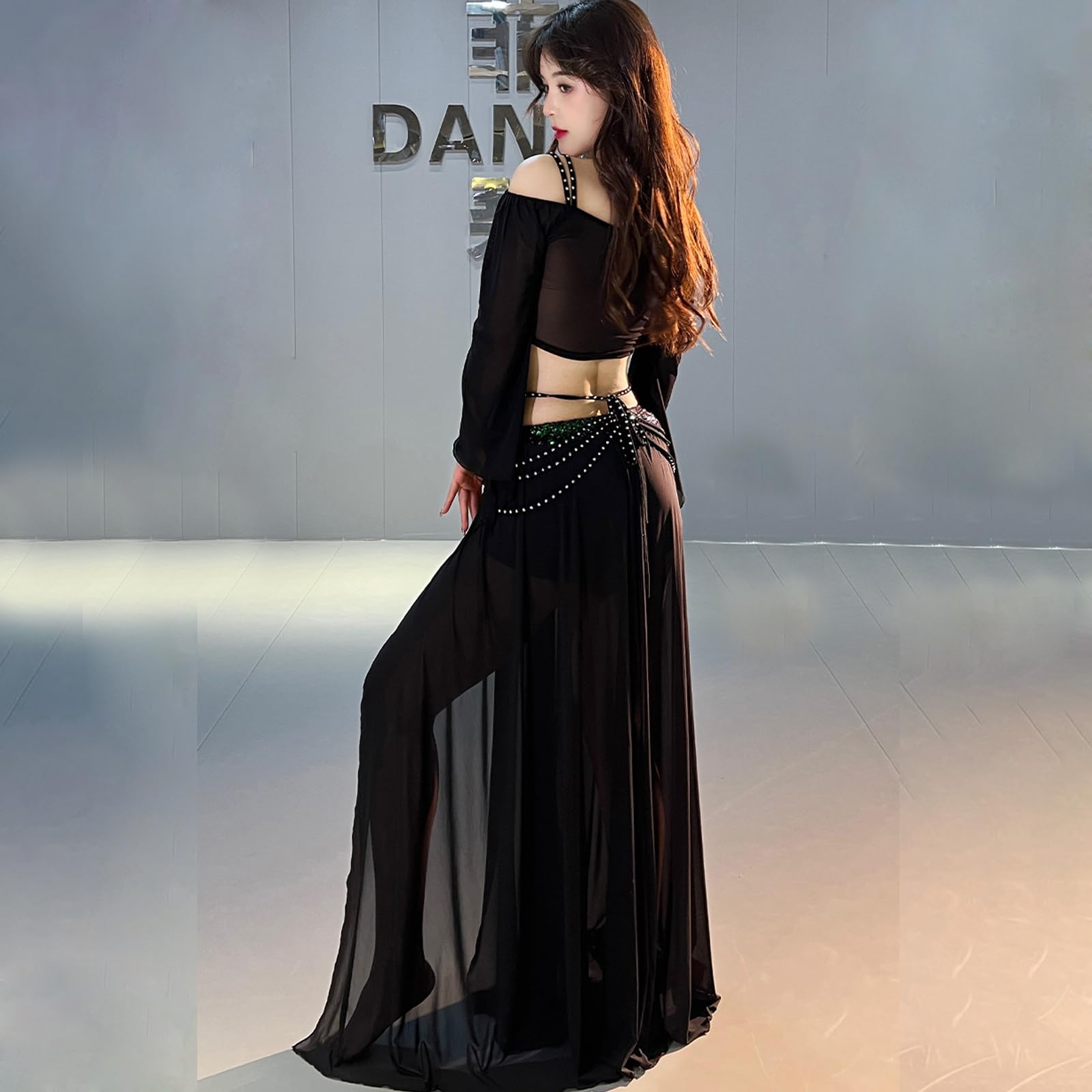 Costumi di Danza del Ventre da Donna, Top Corto con Paillettes Lucide, Gonna da Ballo con Spacco, Abiti di Danza del Ventre di Carnevale di Halloween,Nero,M