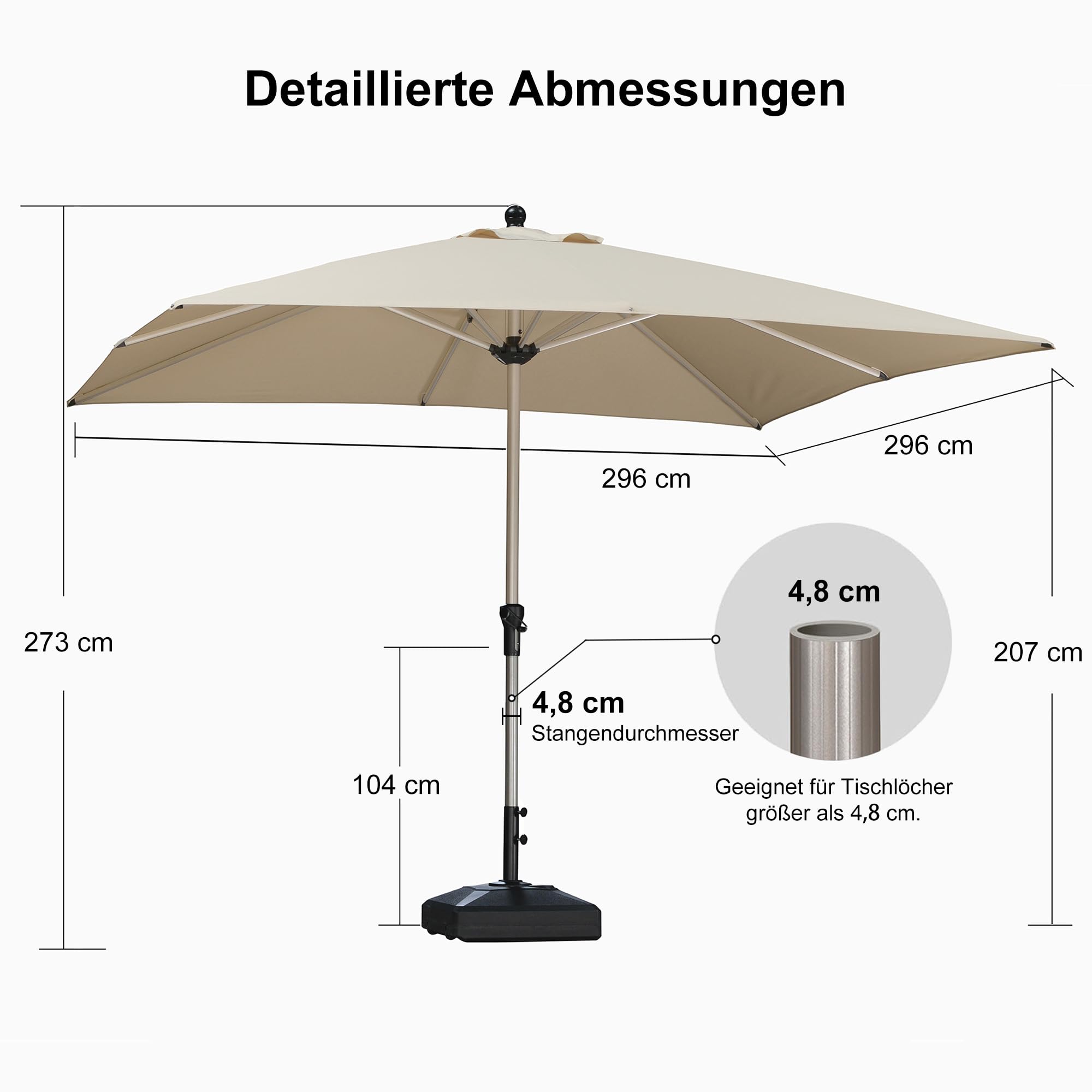 PURPLE LEAF Marktschirm mit Ständer 300 × 300 cm Quadratisch UV 50+, Beige
