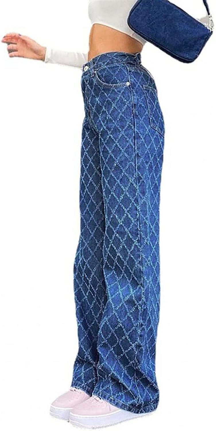 Kelsiop Spring Ladies Jeans High Waist Loose Denim Trousers Rhombus Shaped Old Long Straight Thick Edge Jeans