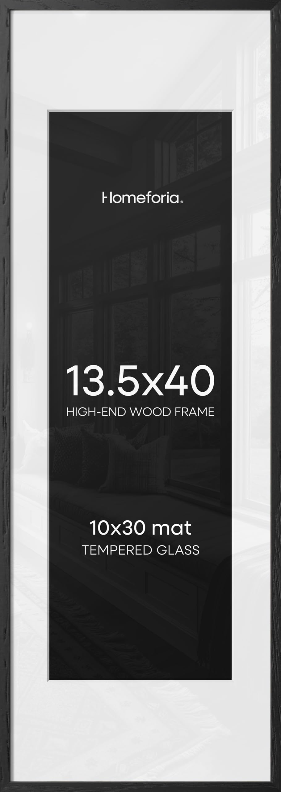 Homeforia 13.5x40 Black Oak Picture Frame, High-End Wood, 10x30 Mat, Glass | High End Solid Oak Wood, Tempered Glass, Acid-Free 10x30 Removable Mat, 13.5x40 Edge-to-Edge Display, Wall Kit, Set Of 1