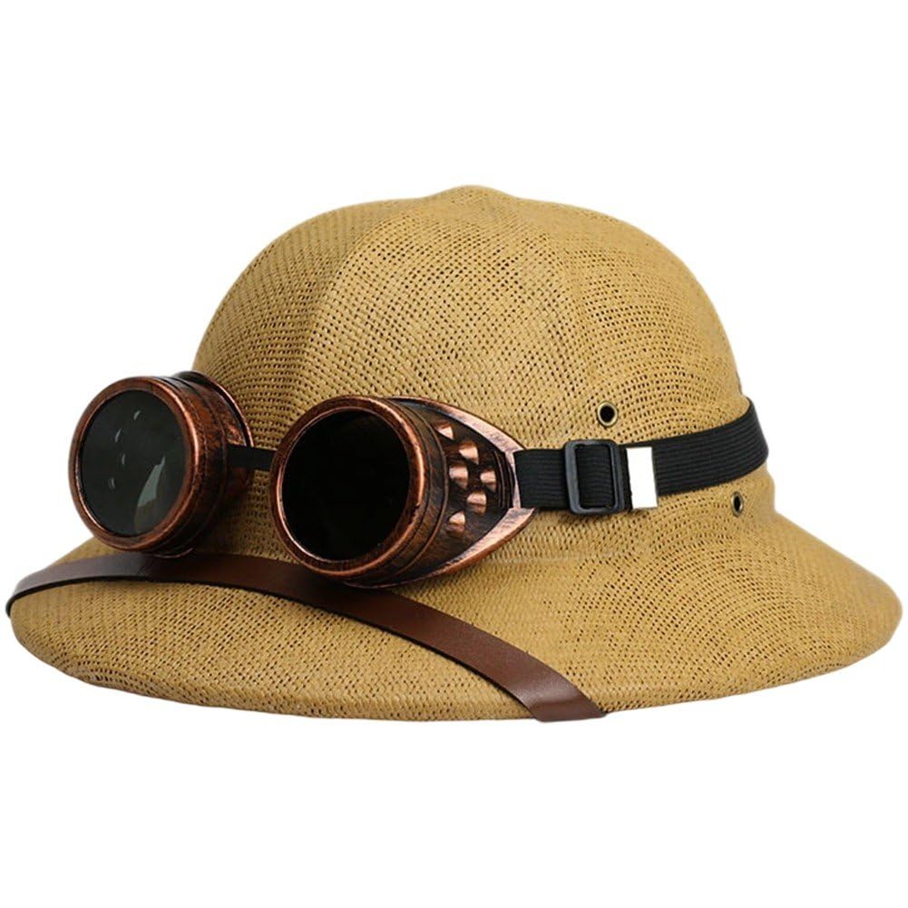 Fituenly Straw Helmet, Pith Sun Hat, Vietnam War Army Hat with Goggles, Classic Wide Brim Jungle Miners Cap for Beaches, Parks, Camping, Hiking