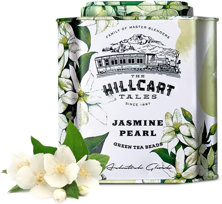 HILLCART TALES Jasmine Pearl Long Leaf Tea Beads, Premium Loose Long Leaves Green Tea With Jasmine Flavour Aroma | 35 Cups, 2.65 Oz / 75 G
