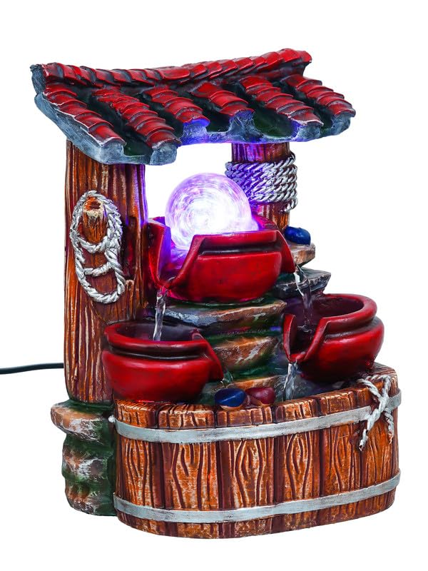 Image of Polyresin Tabletop 3 Steps Indoor Water Fountain for Home Decor with LED Light, Speed Controller Pump & Crystal Ball (Size: 13 x 19 x 26CM |Color: Multi | Weight: 1245 Gram)