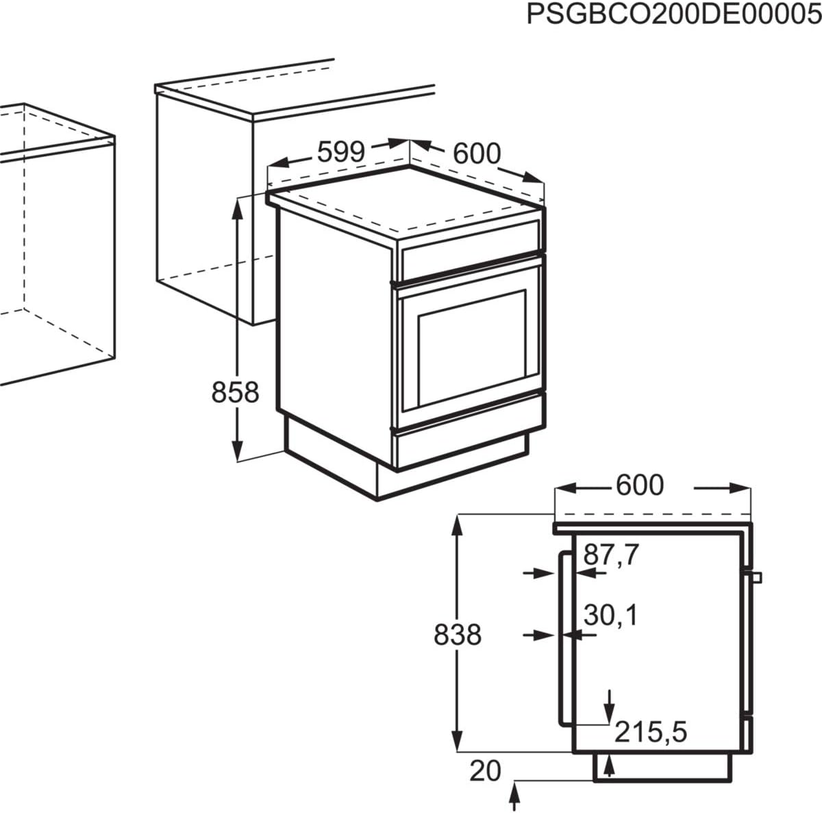 Technical drawing with dimensions for Zanussi ZCV65201WA cooker