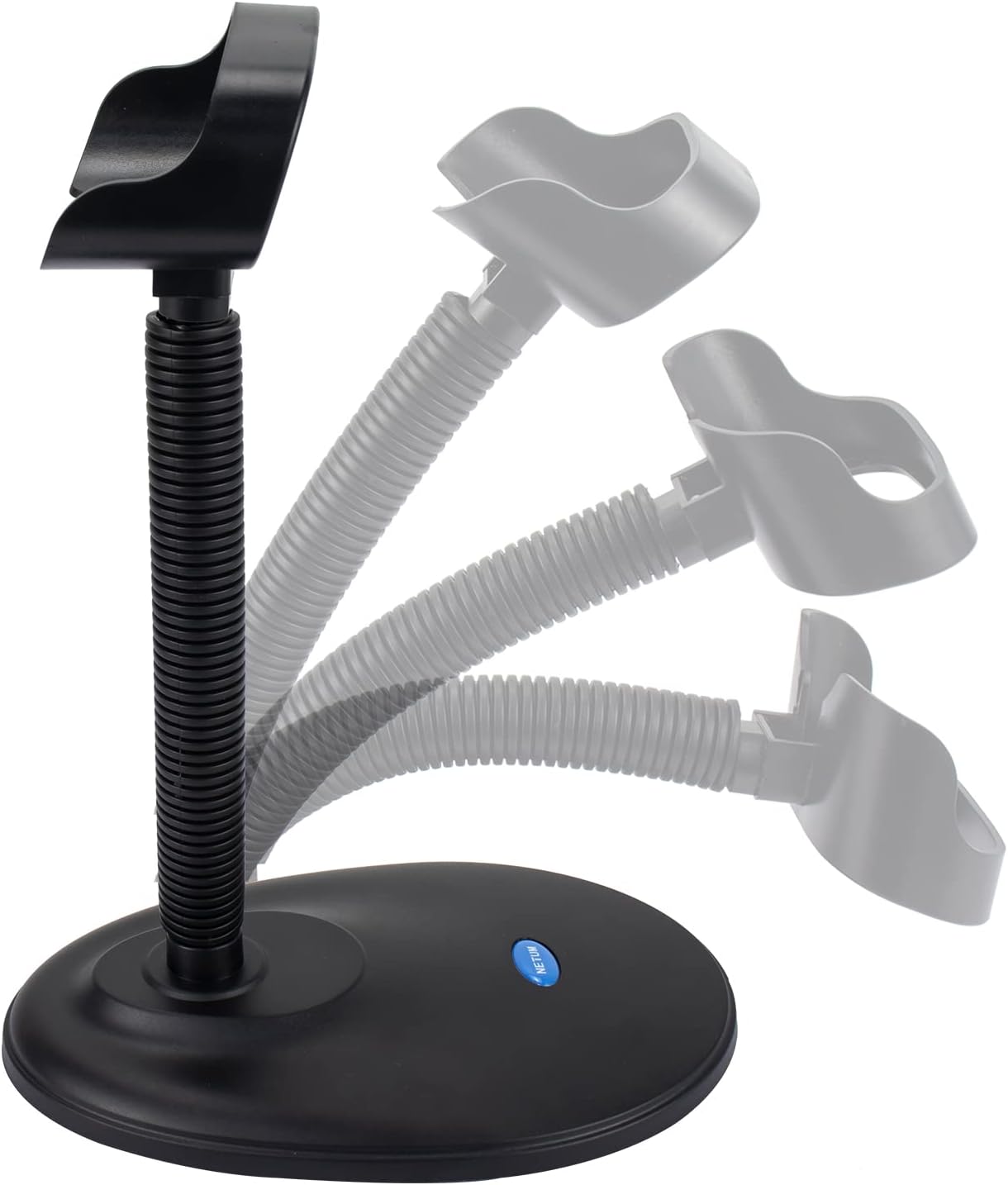 Multiple views of the NETUM barcode scanner stand showing its flexible goose neck arm adjusting to different angles.