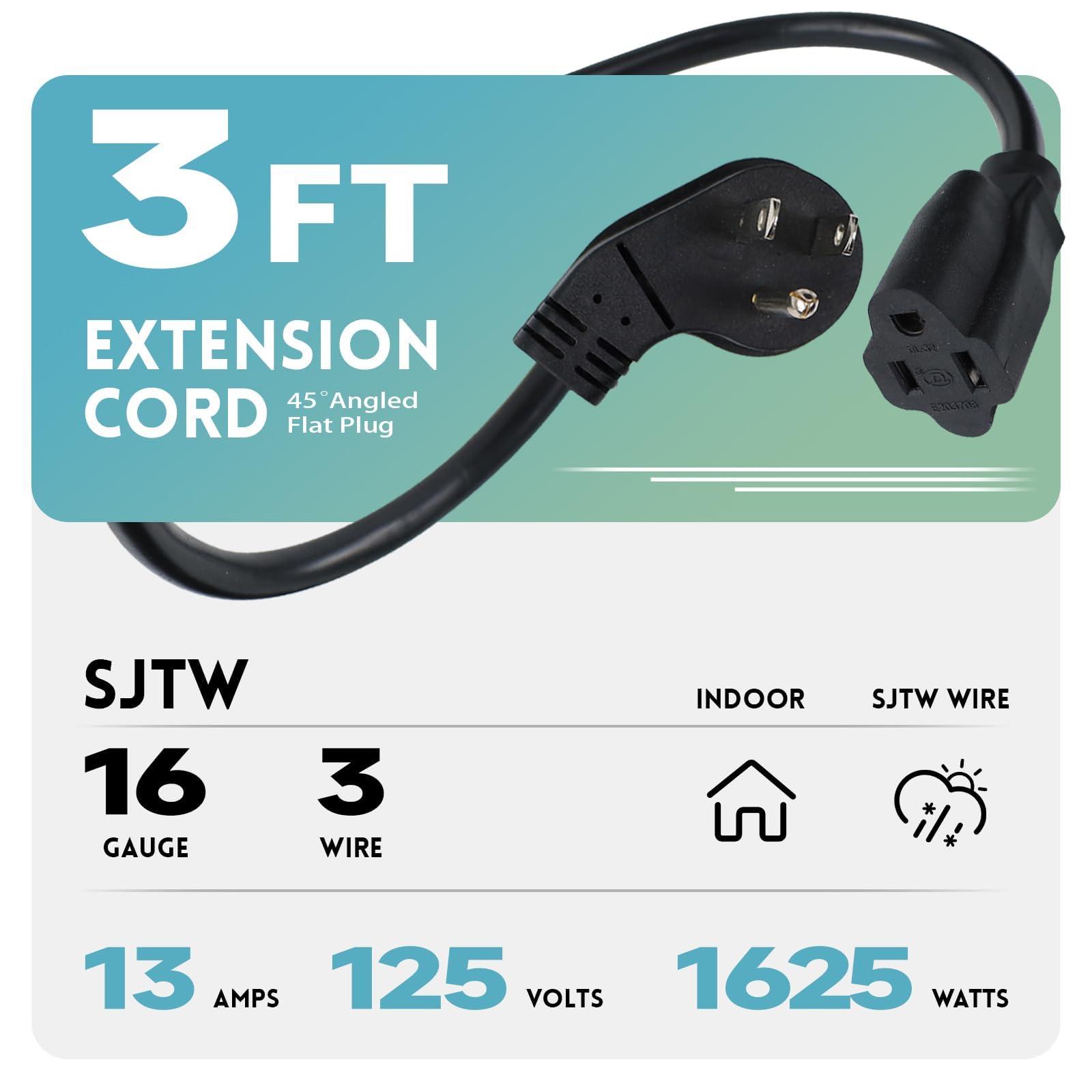 EP 2 Pack 3 Ft Flat Plug Extension Cord, 16 AWG 3 Prong Grounded Black Low Profile Extension Cable for Indoor