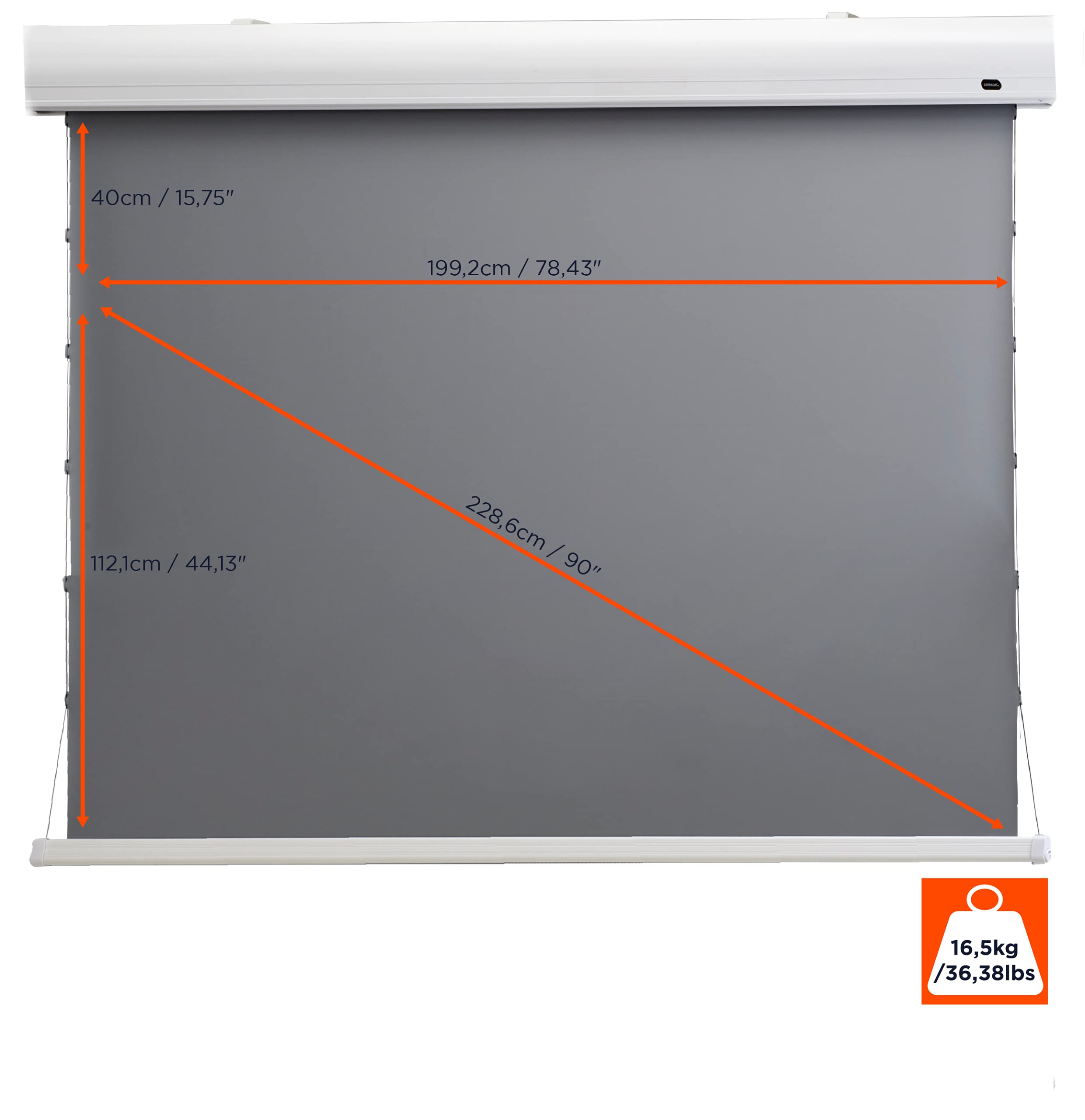 celexon HomeCinema Dynamic Slate ALR Hochkontrast-Tension-Motor-Leinwand 90" | 199x112cm 16:9 | elektrische 4K, Full-HD Beamer-Projektions-Leinwand mit strammen Seilspannsystem | Decken-/Wand-Montage