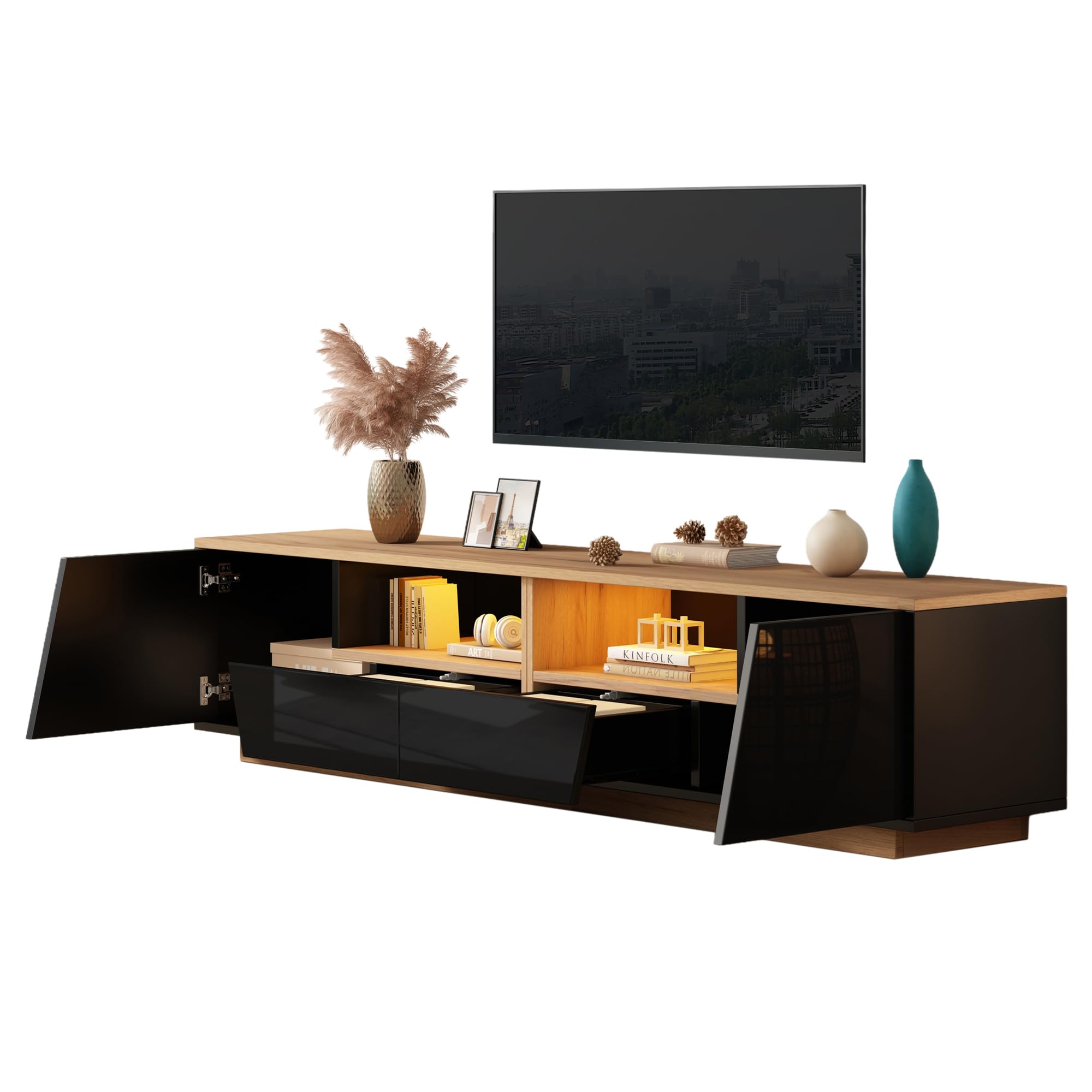 SACOOL Armario para televisión de 180 x 40 x 46 cm, 2 cajones, 2 armarios, armario bajo brillante, adecuado para televisores de 75 pulgadas, negro + empalme de color madera