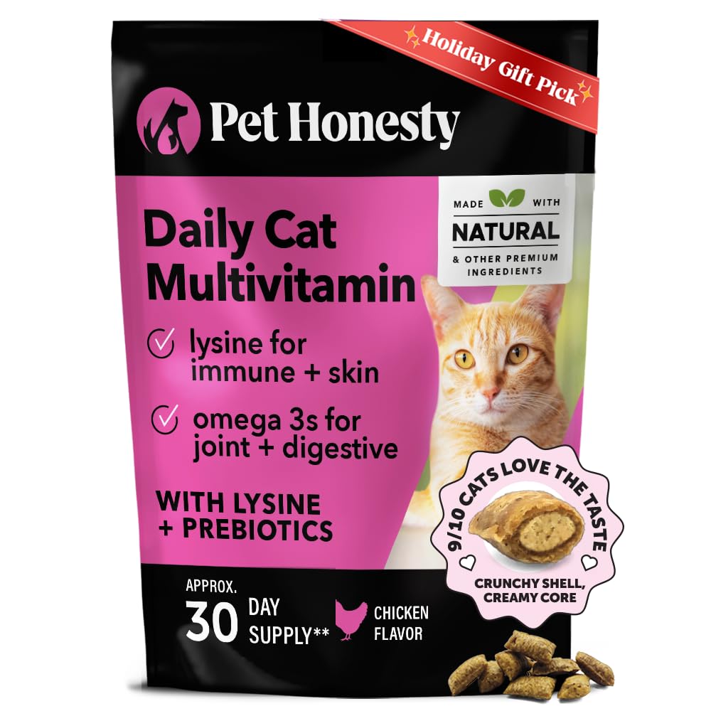 Cat Multivitamin Crunchy & Creamy Chews - Cat Treats for Health + Immune, Joint Support, Skin & Coat, & Digestion - Vitamins with Omega 3s, Lysine & Probiotics (30 Day Supply)
