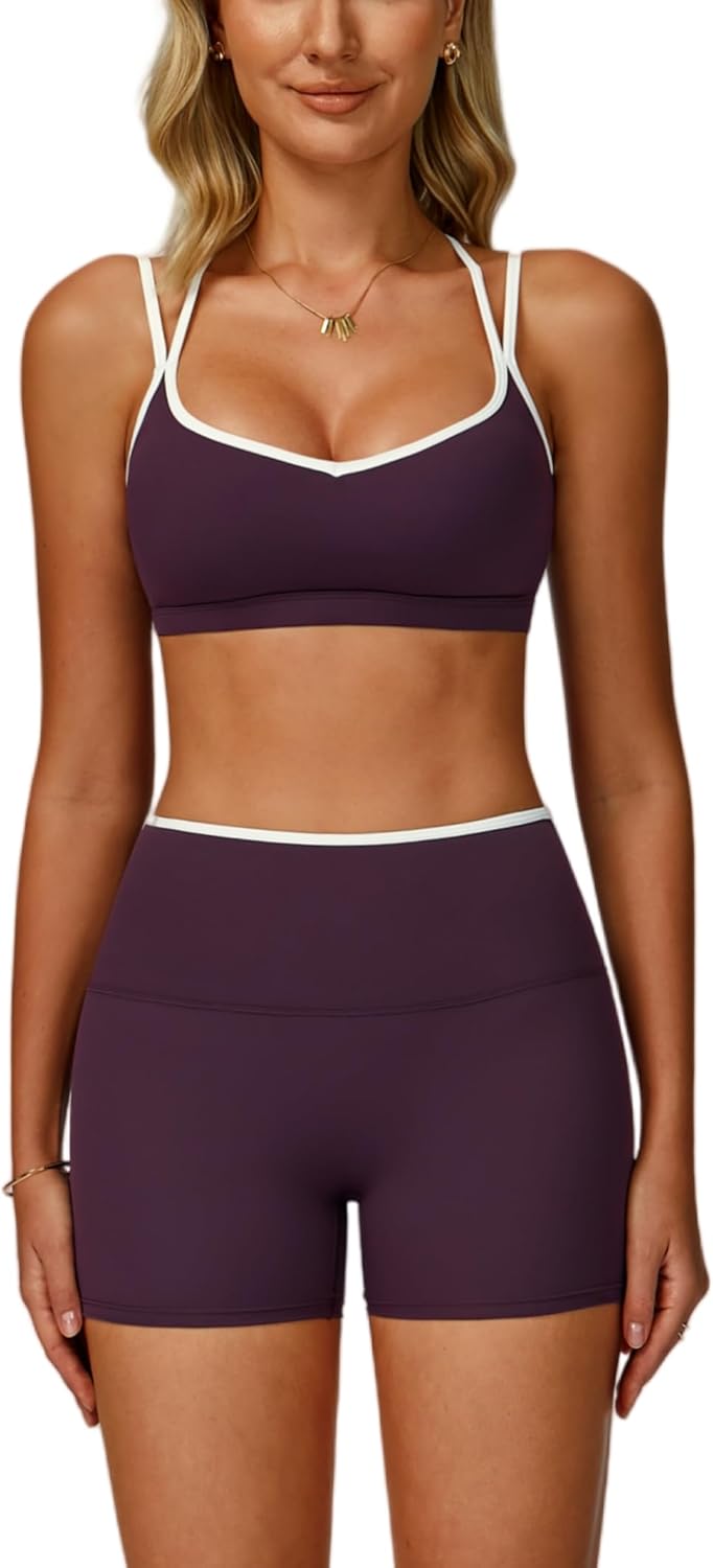 ABOCIW Workout Sets for Women 2 Piece Color Block Strappy Sports Bra High Waist Shorts Gym Yoga Pilates Outfits - Image 7