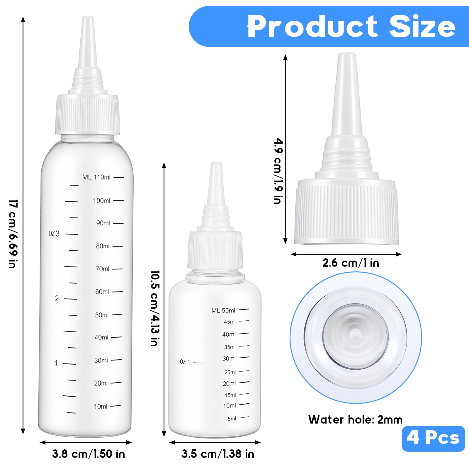 4 sztuki buteleczka aplikatora do włosów, squeezie z aplikatorem do olejku do włosów, 110 ml & 50 ml buteleczka aplikatora z skalą, aplikator do olejku do włosów do farbowania skóry głowy i