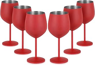 Lifecapido Stainless Steel Wine Glasses Set of 6, 18oz Stainless Steel Wine Goblets, Stemmed Metal Wine Glasses with Cup Brush for Party Office Wedding Anniversary, Great for Red White Wine (Red)