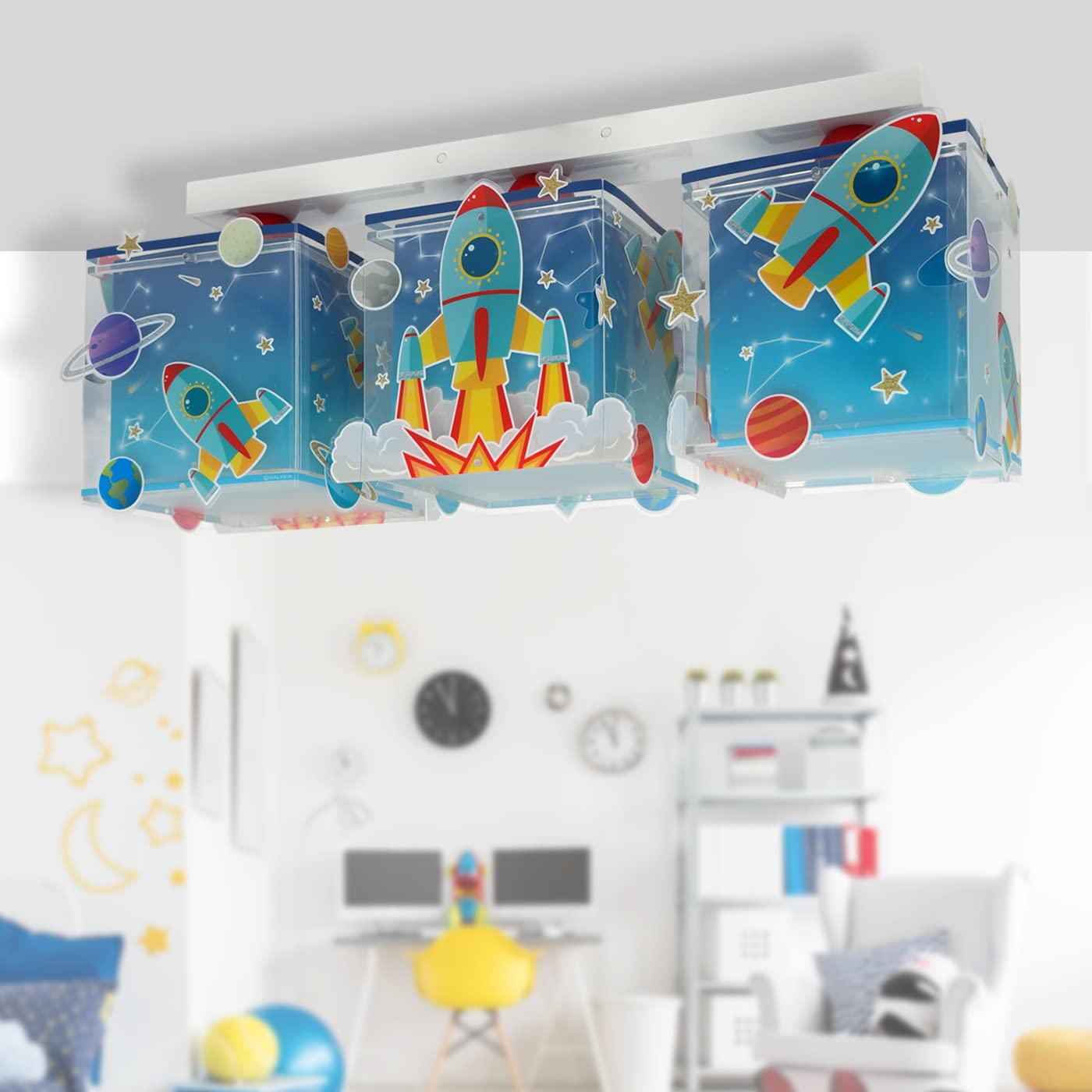 Dalber Lámpara Plafón Infantil 3 Luces Rocket Cohete Azul 63353 E27 | E27 - 3 x 15W; plafones infantiles