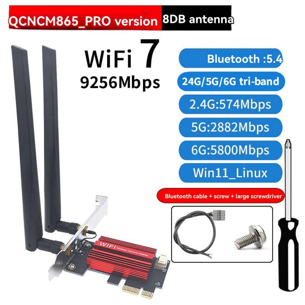BT5.4 WiFi 7 QCNCM865 PCI-E Adaptateur 9256Mbps Kit Tri Tri Band 2.4G / 5G / 6GHz Adaptateur de Réseau sans de Bureau pour Win10 / 11