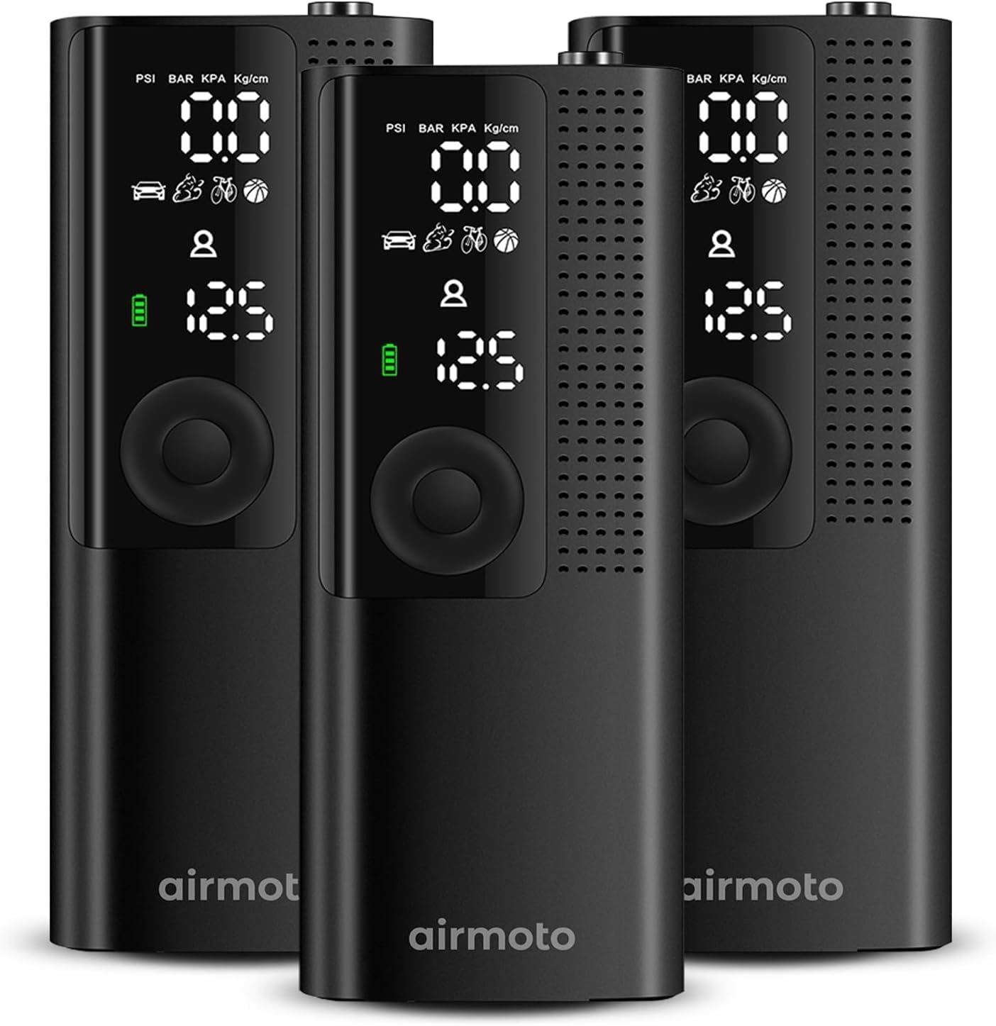 Airmoto Tire Inflator Portable Air Compressor - Air Pump for Car Tires with Digital Pressure Gauge, LED Light and Auto Shut-Off Function - Cordless Pump for Car, Motorcycle, Bicycle, Ball (Pack of 3)