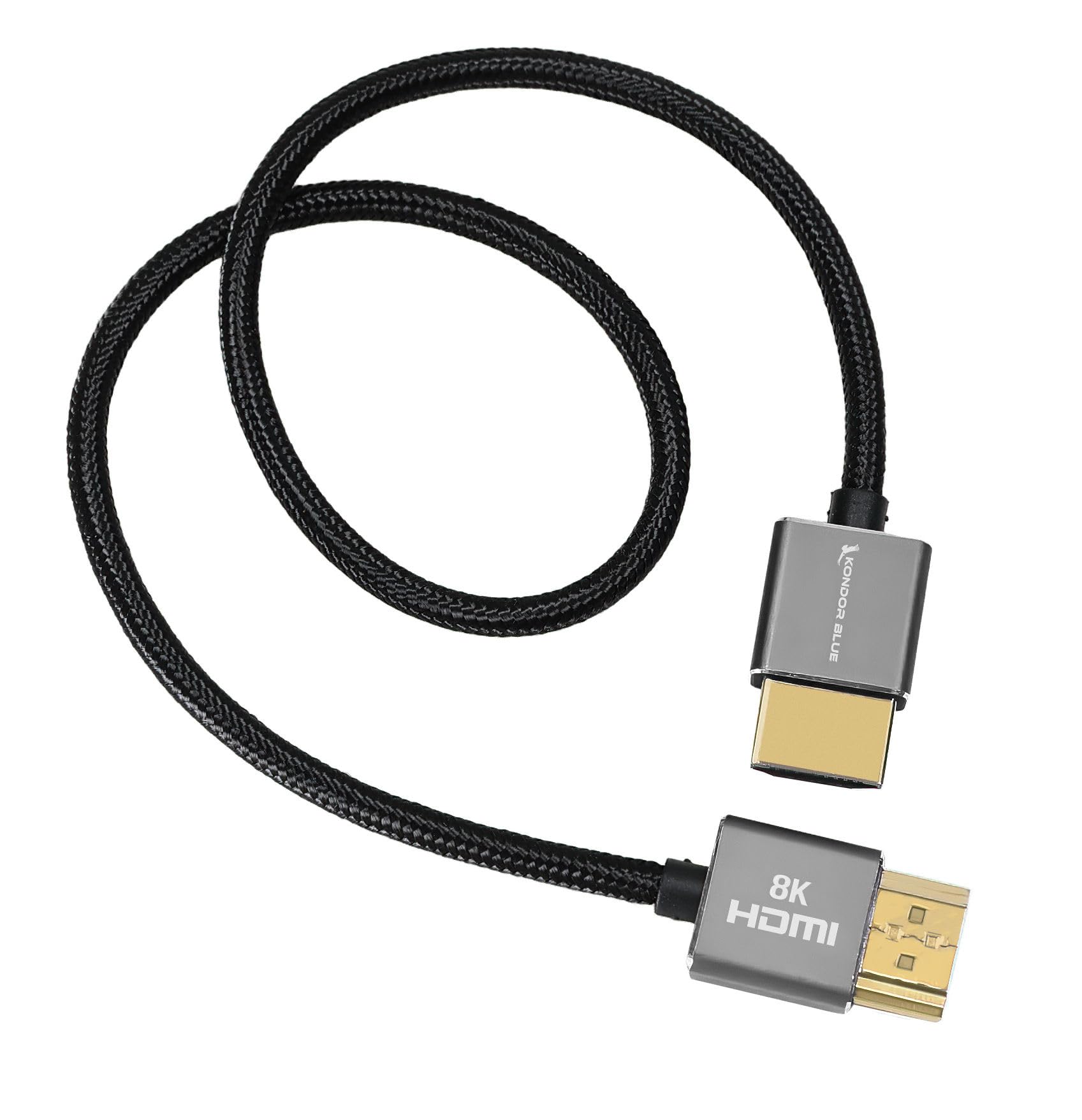 KONDOR BLUE 8K HDMI to HDMI Thin Short Straight Braided Cable for On-Camera Monitors, Capture Cards + More | 8K/60hz 4K/120hz | 48Gbps 3D HDR MetaData | 17" Inch | Black