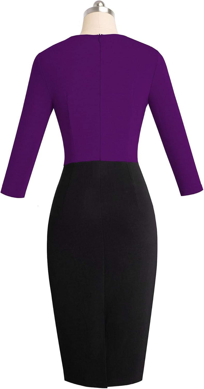 HOMEYEE Women's 3/4 Sleeve Colorblock Sheath Pencil Church Dress B463