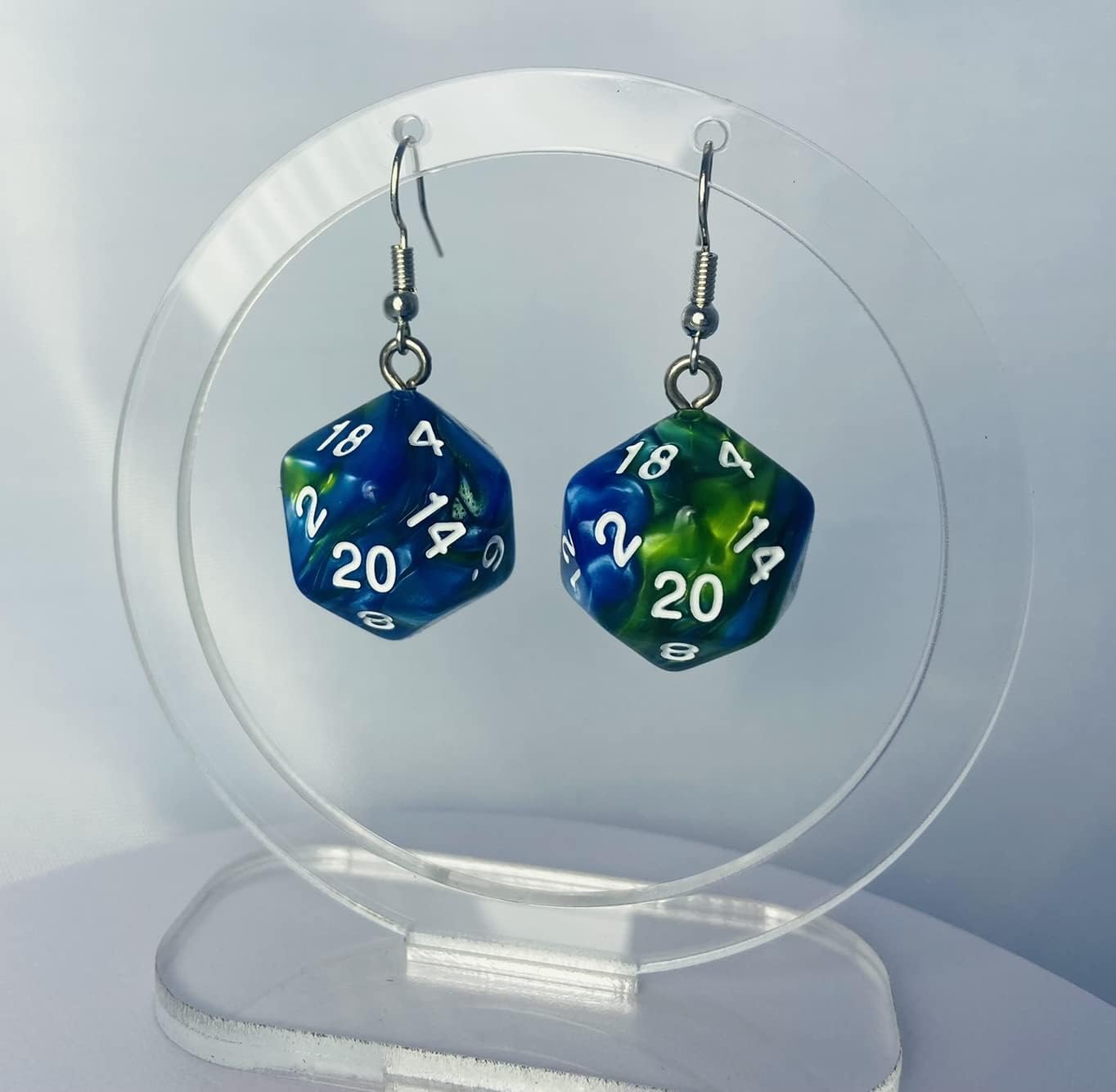 d20 / d10 Polyhedral Dice Earrings - Multicolored Pearlescent Swirl