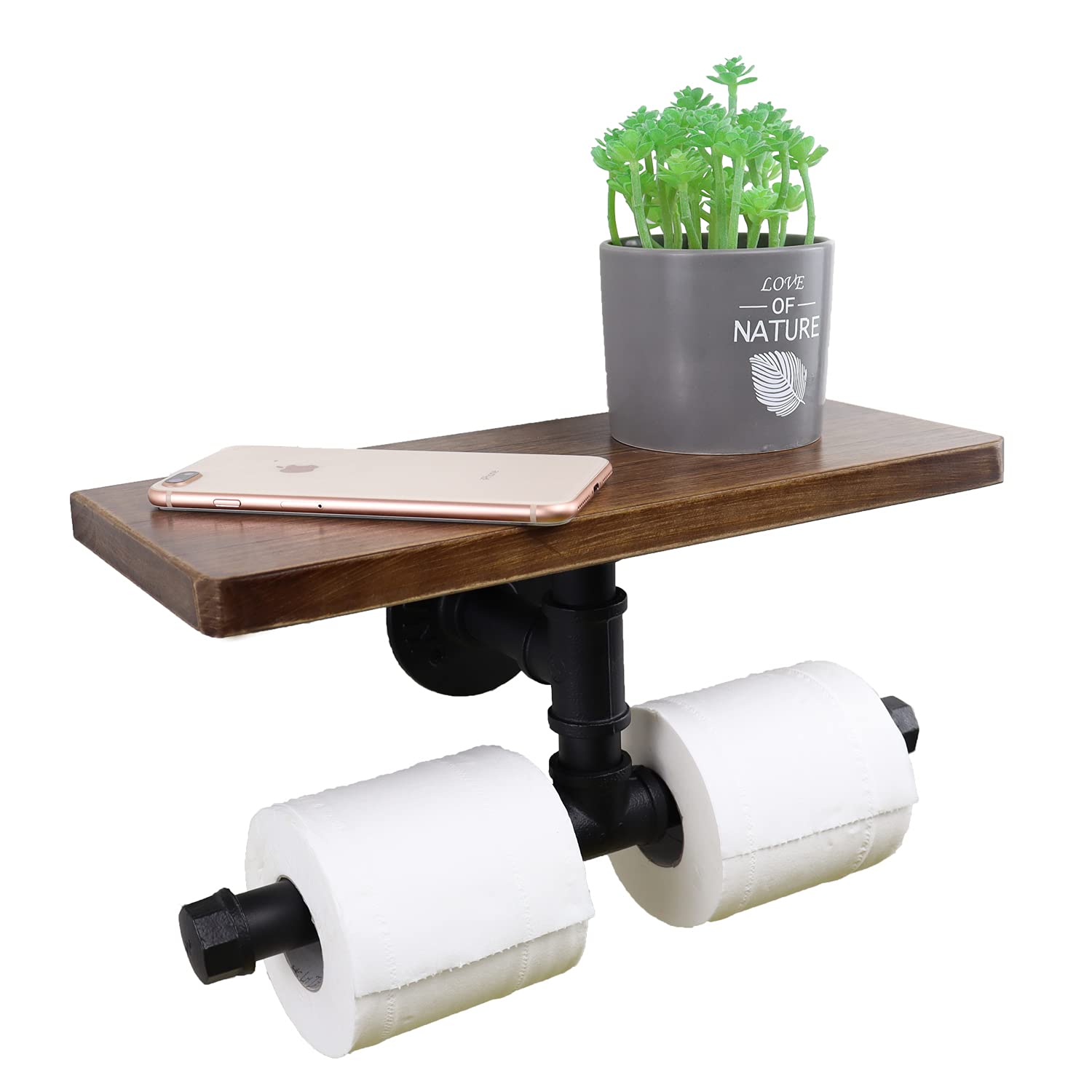 Buy Crehomfy Toilet Paper Double Roll Holder Wall Mount with Rustic Wooden Shelf, Industrial