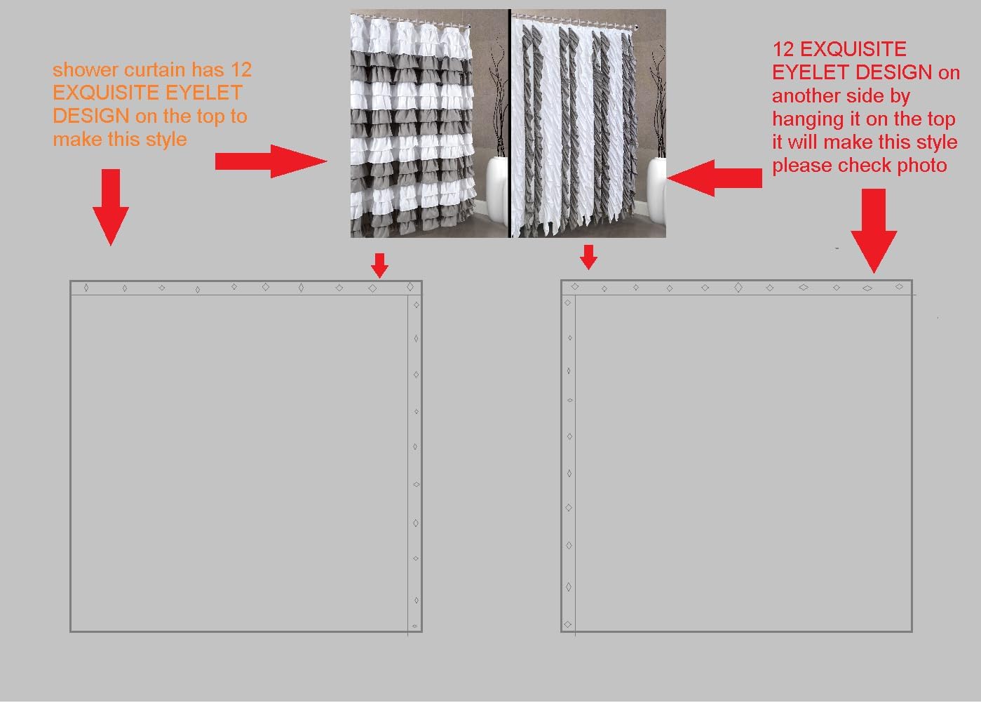 Waterfall Shabby Chic Ruffled Fabric Shower Curtain (2 in 1 White Silver), 72 x 72