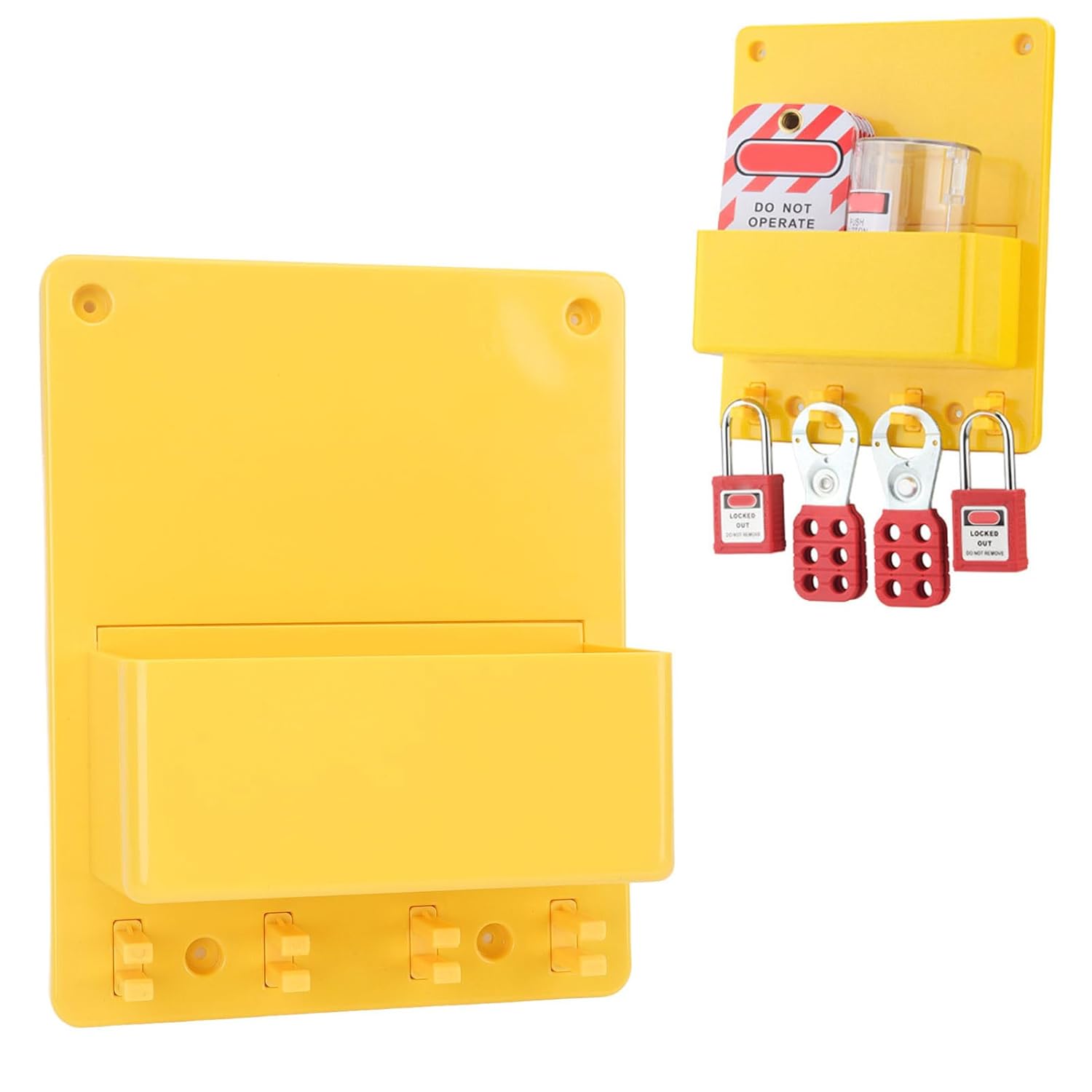 Safety Padlock Station, Wall Mounted Padlock Management Station with 4 Lock Slots and Storage Box, Small Lockout Tagout Station Lock Out Rack for Industrial Electric Power