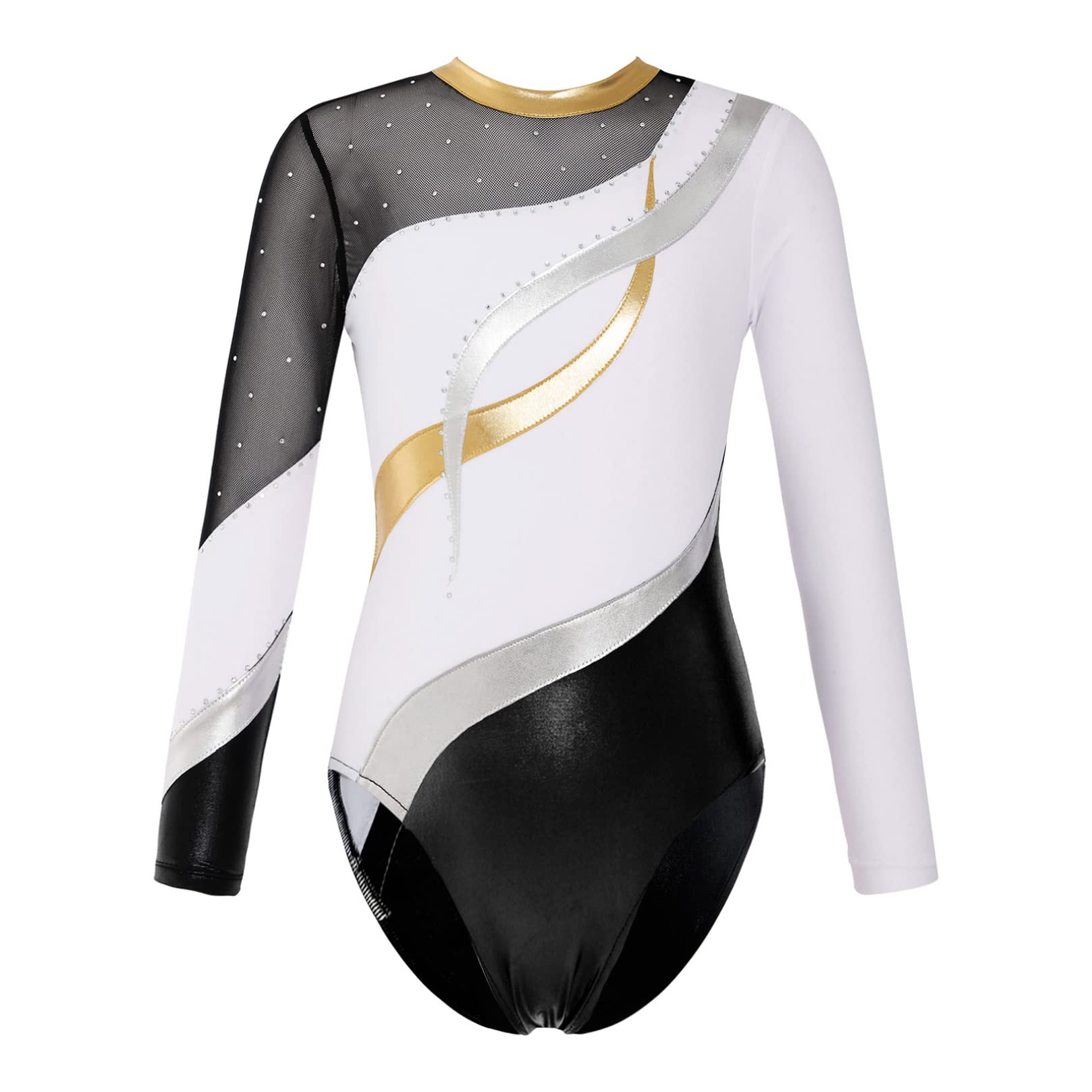 Justaucorps Fille Gymnastique/patinage - Manches Longues Strass, Dos Ouvert - Taille 5-14 Ans, Polyester/élasthanne