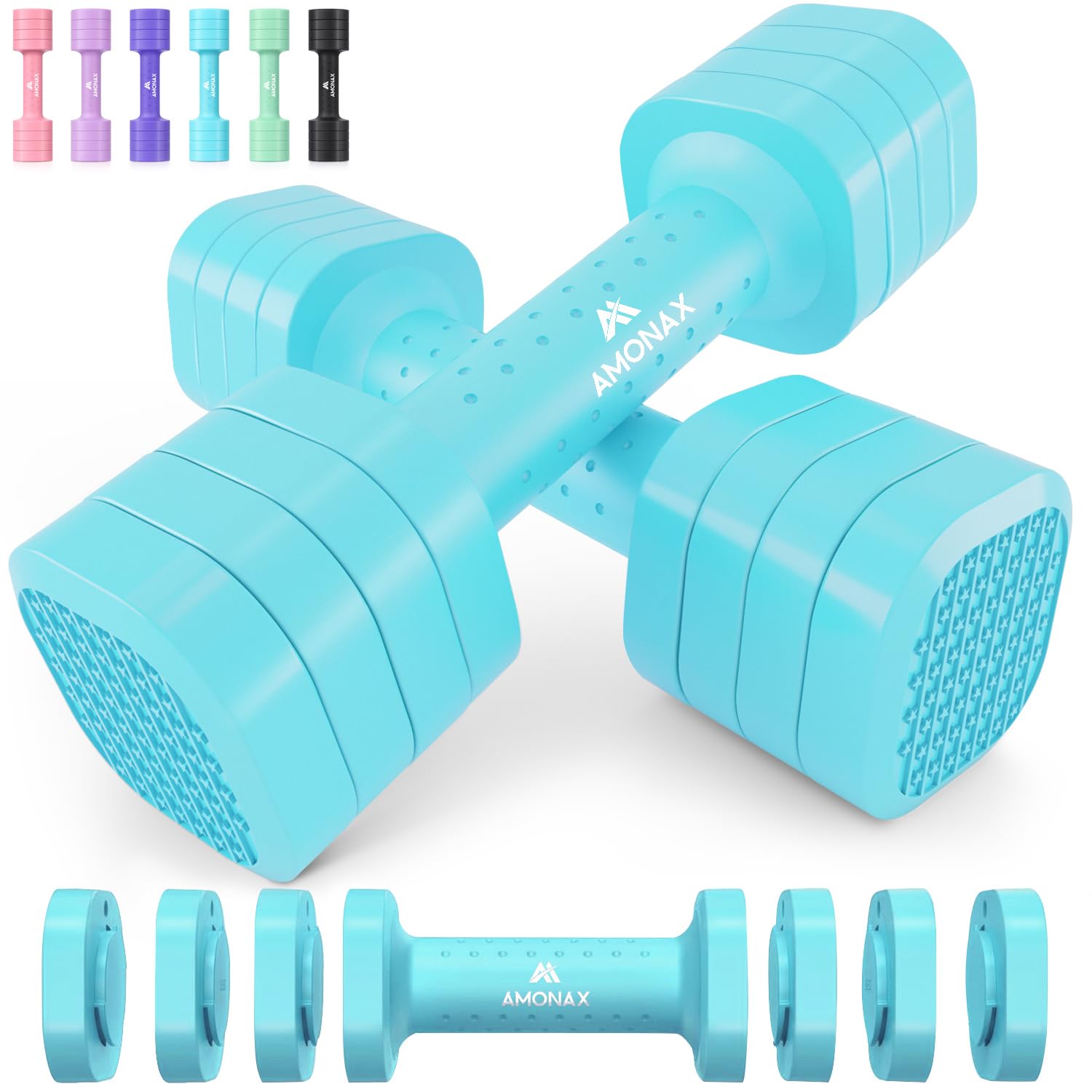 Amonax Manubri Regolabili Donna, Coppia, 1-2,3 kg / 1-5 kg, 4 in 1/5 in 1 | Pesi per Donna, Set di Manubri Compatto, Attrezzatura da Palestra per Fitness, Allenamento di Forza e Casa