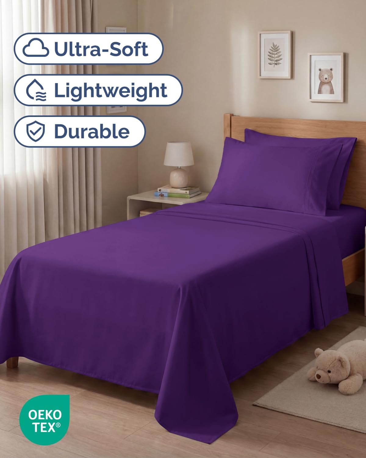 Twin 4 Piece Bed Sheet Set - Comfy, Breathable & Cooling Sheets - Purple image 2