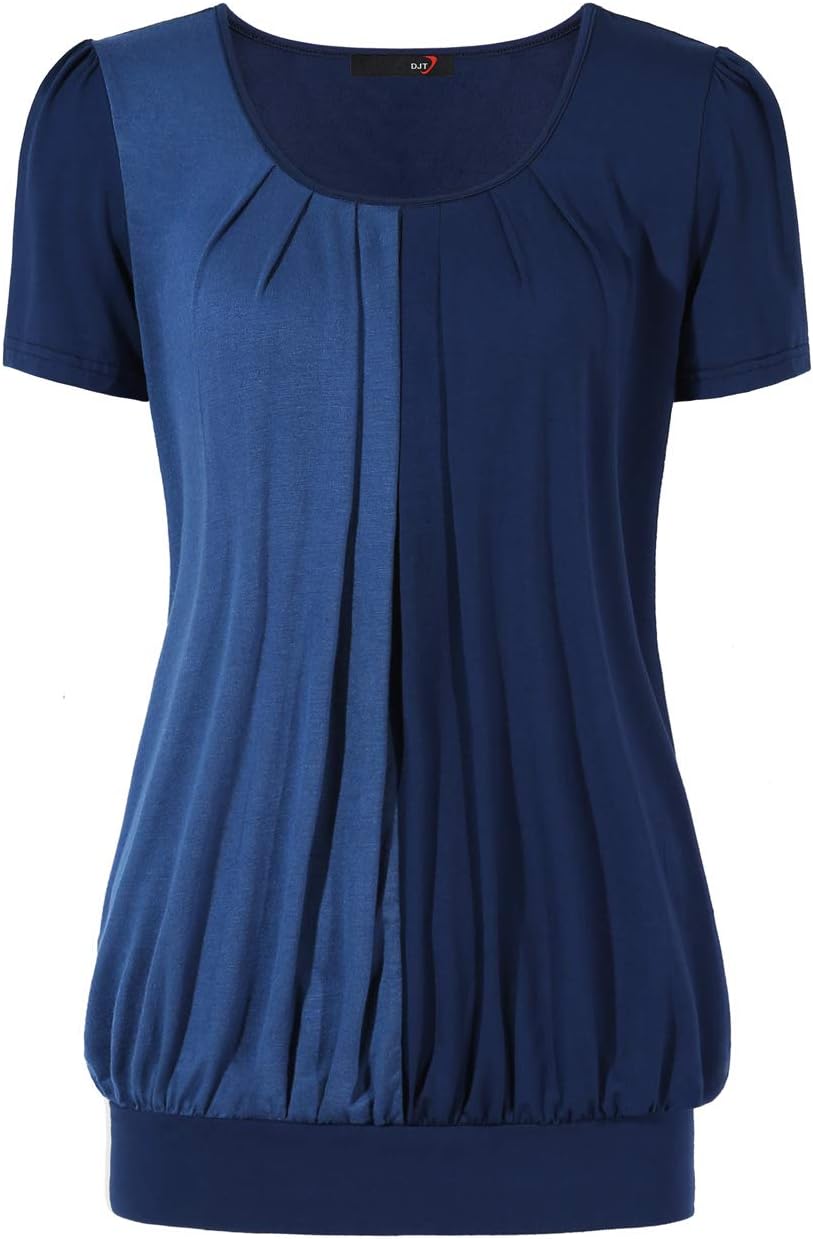 DJT Women's Short Sleeve Pleated Front Blouse Tunic Top Medium Navy/Vallarta Blue