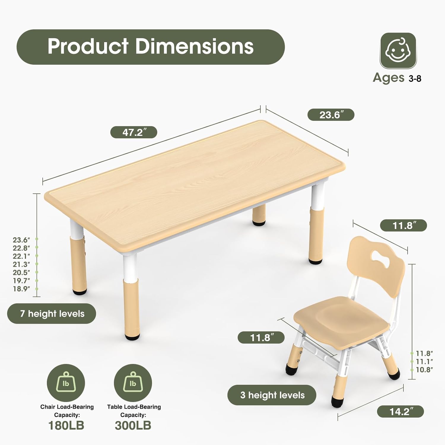 HLPB Kids Table and 4 Chairs Set, Adjustable Height, Graffiti Desktop, Non-Slip Legs, 47.2''L x 23.6''W Toddler Multi-Activity Table for Ages 2-8, Max 300lbs, for Daycare, Classroom, Home