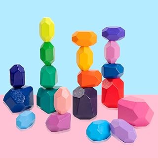 Wooden Stacking Rocks Montessori Toy for Toddlers, 20pcs Balancing Stones Sorting Game Colored Blocks Building, Educational Fine Motor Skills Learning Toy for 3 4 5 6 Years Old Kids Boys Girls