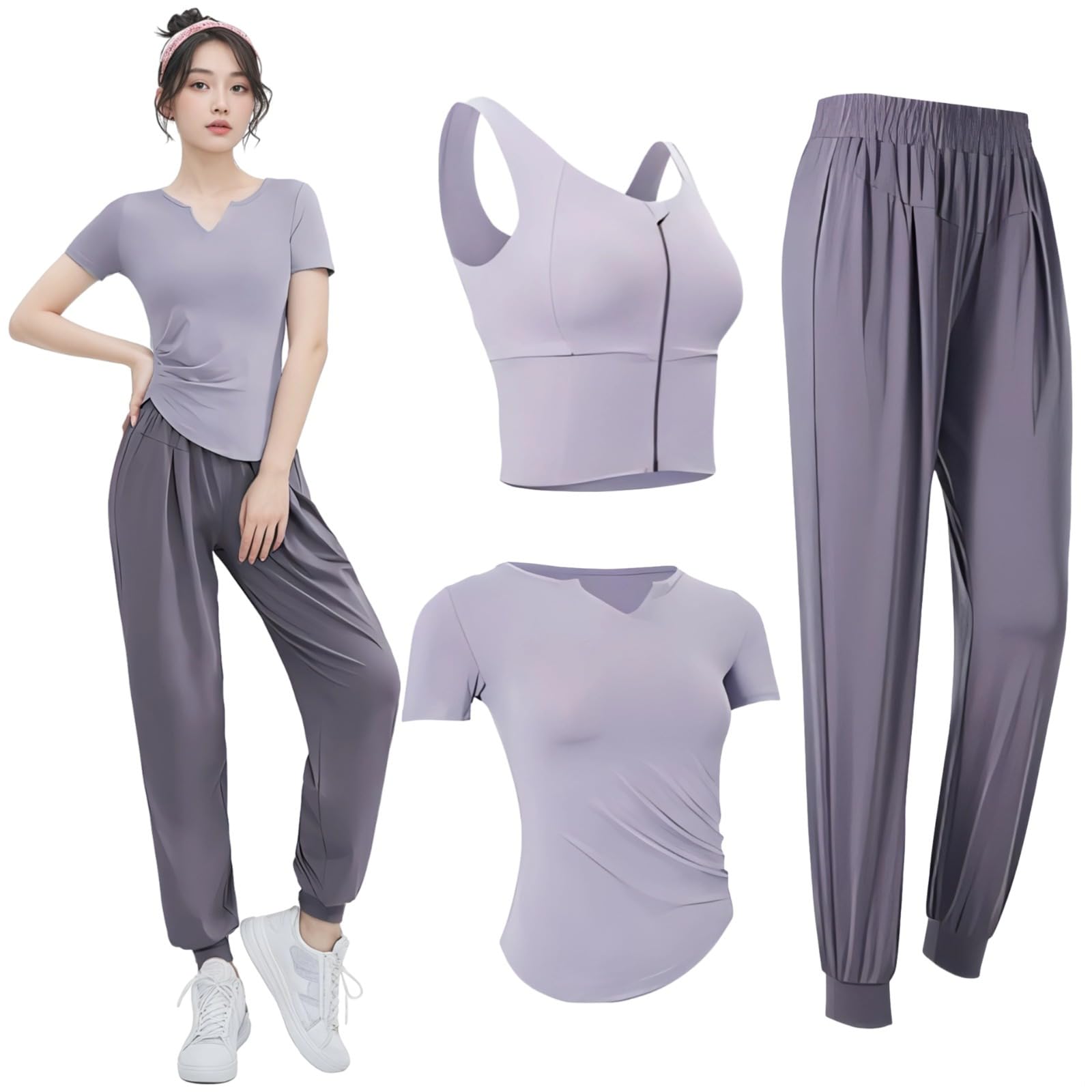 Set da allenamento da donna XXL, include canottiera, maglietta con orlo a nodo e pantaloni a vita alta per 135-150, abbigliamento sportivo ad asciugatura rapida,