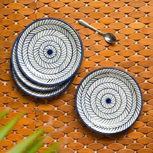Image of ExclusiveLane 'Indigo Chevron' Hand-Painted Ceramic Quarter Plates Set of 4 Ceramic (Set of 4, 7 Inch, Microwave Safe) | Ceramic Plates for Serving Plate for Snacks Starter Plate Half Side Plates