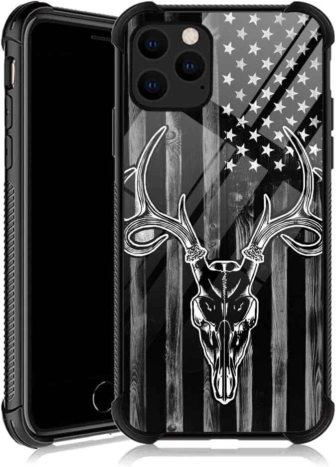 DJSOK Compatible with iPhone 12/12P Case,Design Pattern Back Bumper Anti Scratch Reinforced Corners Soft TPU Caver,Cases for Men Women-Black Wood Grain USA American Flag Hunter Deer