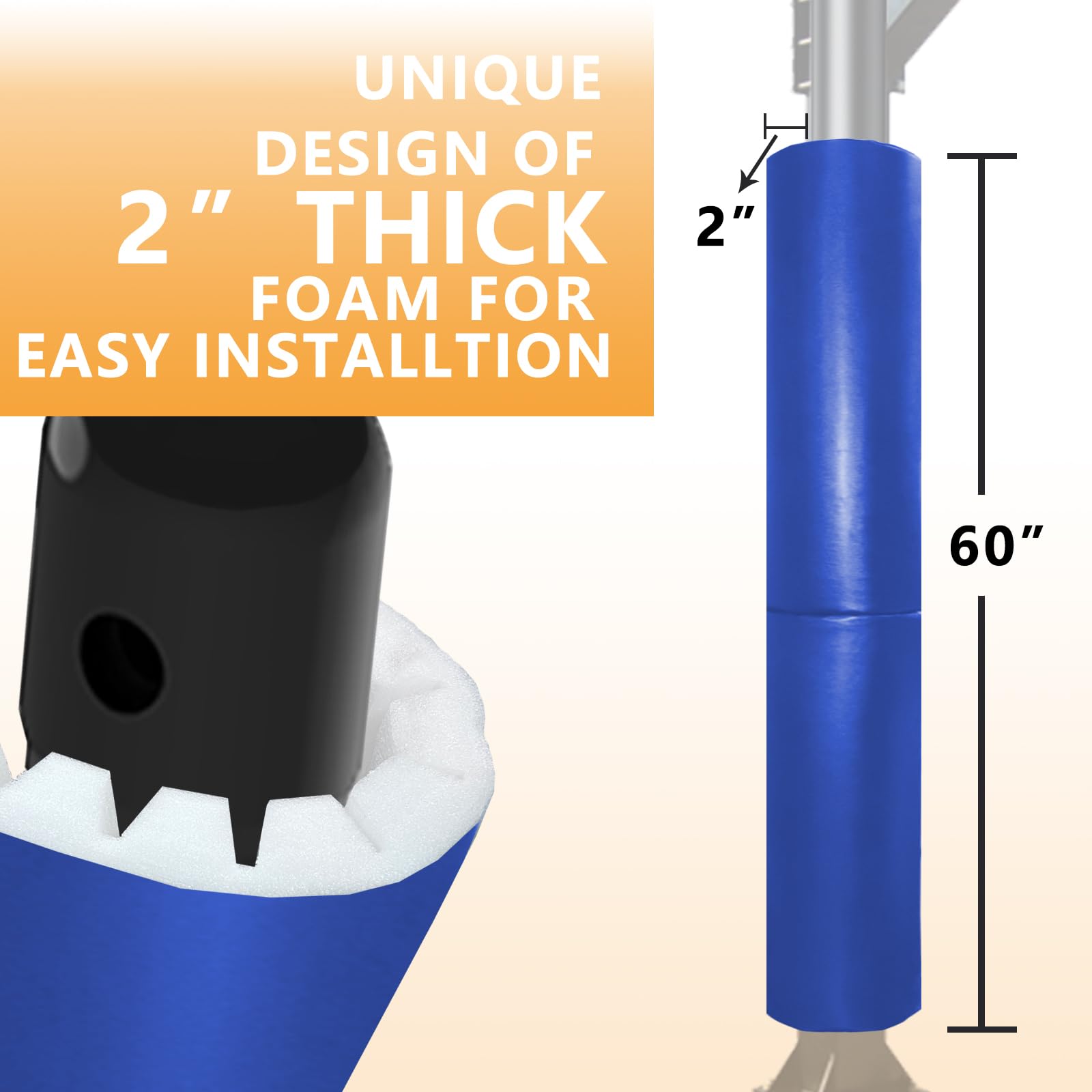 60 Inch Tall Round Pole Padding - Heavy Duty 2” Thick Foam Wrap Around Round and Square Post Pad for 3-4” Diameter Basketball Pole, Swing Pole, Electric Pole & More,Easy Install with Unique Design