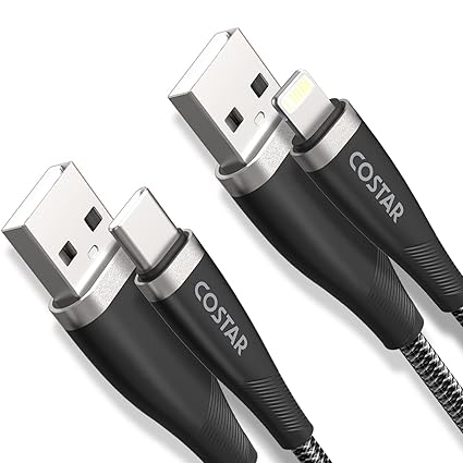 COSTAR (Pack of 2) USB to L & USB to Type C 3A Nylon Braided Cable Fast Charging and Data Sync Compatible with iPhone 14/13/12, iPad Pro, Samsung Galaxy S21/S20/S10 and More (2M Black)